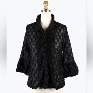 Damee NWT diamond design ogee ruffle jacket in black Size M Sheer Mesh Shiny